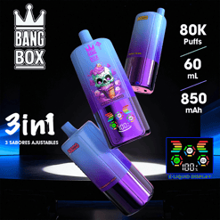 Three purple gradient Bang Box 3-in-1 vape pens with decorative skull artwork, displaying 80K puffs, 60 mL, 850 mAh, and an E-liquid display.