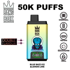A colorful vape device with a blue skull graphic on the front and a gradient yellow-to-teal body, labeled Bang Box with the flavor Blue Razz Ice & Lemon Lime.