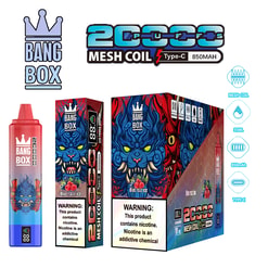 Bang Box Blue Razz Ice mesh coil vape packaging with red-blue dragon logo, two box cups, and a pink/red bottle; includes warnings and 850mAh capacity indicators.