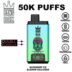 Blueberry Ice & Lemon Cola Soda vape device with a green-to-blue gradient, a crown logo, and a cartoon monster illustration; side icons show mesh coil, 850 mAh, Type-C, 50000 puffs, 45 mL.