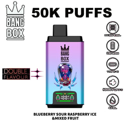 Blueberry Sour Raspberry Ice & Mixed Fruit vape device by Bang Box with a gradient blue-to-purple body and a black mouthpiece, logo, and graphics.