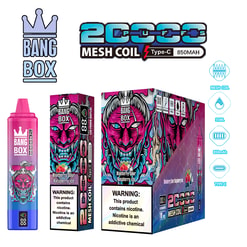 Two colorful vape packaging products: a pink Bang Box bottle and boxed e‑liquids with bold purple graffiti artwork, plus a large blue “2020” style logo and brand icons.