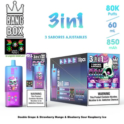 Three-in-one vape product display with colorful packaging: a purple bottle, assorted boxes, and a large 3in1 80K puffs box set indicating flavors like Double Grape, Strawberry Mango, and Blueberry Sour Raspberry Ice.