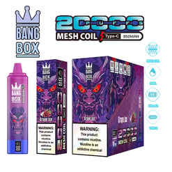 Bang Box 2Coils Mesh Coil Type-C 850mAh vape kit with purple grape ice design; includes bottle and packaging featuring a demon-like purple creature and warning labels.