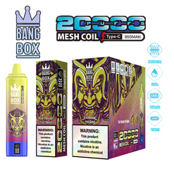 Pack and bottle of Bang Box mesh coil e-liquid with a purple-yellow demon design and bold packaging icons, 850mAh Type-C device shown.