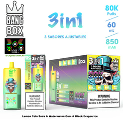 Colorful Bang Box 3in1 e-liquid packaging with lemon cola soda, watermelon gum, and black dragon ice flavors; includes 80k puffs, 60 ml, 850 mAh.