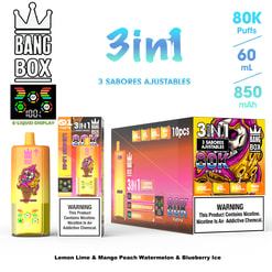 Three-in-One e-liquid display set with lemon lime, mango peach, watermelon & blueberry ice flavors; colorful packaging and 80K puffs, 60 ml, 850 mAh.