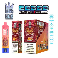 Two colorful Bang Box mango peach vape packaging and two box containers with bold artwork, a pink vape bottle, and branding icons indicating mesh coil, 85 ml, 850 mAh, and Type-C.