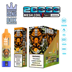 Bang Box 20C Mesh Coil Type-C 850mAh vaping device with orange lion artwork; compact box and bottle alongside, promotional packaging shown