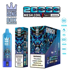 Blue Bang Box mesh coil packaging featuring a dragon-like design with a crown logo, plus a bottle and boxed set with bold blue artwork and warning labels.