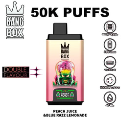 Peach juice and blue razz lemonade Bang Box vape device with a pink gradient body, black mouthpiece, and a monster illustration on the front; device features include mesh coil, 850 mAh battery, Type-C, 50000 puff capacity, and 4.5 mL juice capacity.