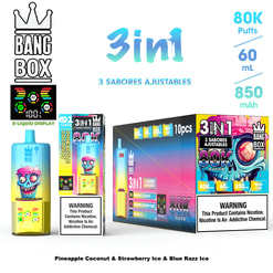 3in1 Bang Box e-liquid product display with three 80K flavor puffs in blue, pink, and yellow packaging; includes 60 mL and 850 mAh indicators and warning labels.