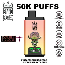 50K Puffs Bang Box device with gradient peach-to-yellow body, skull graphic, black mouthpiece, and flavor label Pineapple Mango Peach & Strawberry Cherry.