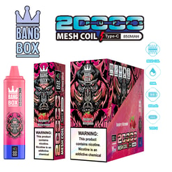 Bang Box 20S Mesh Coil Type-C 850mAh disposable vape with pink/black artwork, two boxes and pod bottle, featuring a menacing demon graphic and warning label.