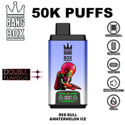 Bang Box 50K Puffs device with red bull and watermelon ice label, blue-to-white gradient body, black mouthpiece, coin-like control panel, plus side icons for mesh coil, 850mAh, Type-C, 50,000 puffs, 4.5ml capacity.
