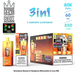Three-in-one e-liquid packaging display with Bang Box branding, featuring orange-yellow bottle, colorful boxes, and a black box set; labels indicate 80K puffs, 60 ml, 850 mAh.