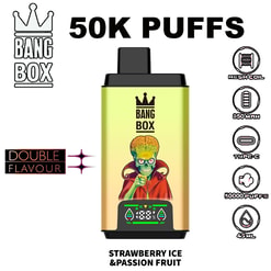 Strawberry ice and passion fruit vape bottle with a green goblin figure on the label, black cap, and 
