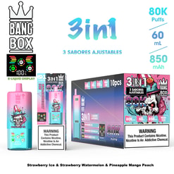 Three-in-one e-liquid product display with pink bottle art, colorful packaging, and “3 in 1” branding; flavors listed as Strawberry Ice, Strawberry Watermelon, and Pineapple Mango Peach.