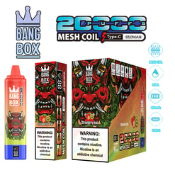 Bang Box 2Coils Mesh Coil Type-C 850mAh product packaging, colorful red-demon design, vape bottles, and boxes with nicotine warning labels.