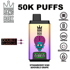 Strawberry Kiwi & Double Grape vape pod by Bang Box, gradient purple to peach with a pink brain skull graphic, and feature icons on the sides showing mesh coil, 850 mAh, Type-C, 50000 puffs, and 4.5 ml.