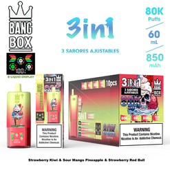 Three-in-One Bang Box e-liquid set with colorful packaging, featuring 80K puffs and 850 mAh, showing multiple flavor boxes and a large 10-piece box; flavors listed include Strawberry Kiwi & Strawberry Red Bull, Mango Pineapple, and Strawberry.