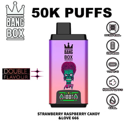 Strawberry Raspberry Candy & Love 666 vape device with pink-to-purple gradient, Batman-style green skull mascot, black top, digital display, and branding elements Bang Box logo; side icons show mesh coil, 850 mAh, Type-C, 50,000 puffs, 4.5 mL.