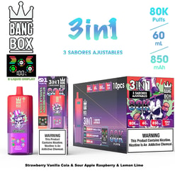 3in1 Bang Box e-liquid display with a purple/pink bottle lineup, bold 3in1 branding, and packaging boxes showcasing “3 Sabores Ajustables” and flavor names including Strawberry Vanilla Cola, Sour Apple Raspberry, and Lemon Lime