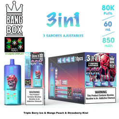 Three-in-One e-liquid display and colorful boxes featuring 3in1 Bang Box flavors: Triple Berry Ice & Mango Peach & Strawberry Kiwi with 80K puffs, 60 mL, 850 mAh batteries.