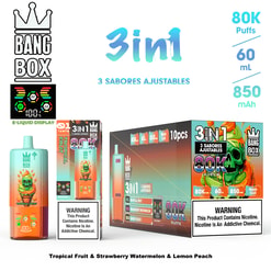 3in1 Bang Box e-liquid display with tropical fruit flavors, featuring 80K puffs, 60 ml, 850 mAh, and three adjustable tastes; includes packaging, bottles, and warning label.