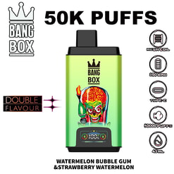 50K Puffs Bang Box Watermelon Bubble Gum & Strawberry Watermelon vape pod with a green bottle and a colorful clown face design, showing 850 mAh, mesh coil, Type-C, 50000 puffs, 4.5 ml capacity