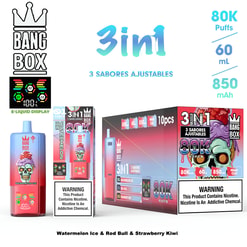 3 in 1 e-liquid kit with three 80K Puffs bottles, 60 mL, 850 mAh, featuring Watermelon Ice, Red Bull & Strawberry Kiwi flavors; assorted packaging and warning labels visible.