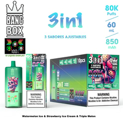 Triple pack 3in1 vape line with 80K puffs and 60 ml, featuring Watermelon Ice, Strawberry Ice Cream, and Triple Melon flavors; assorted packaging and warning labels visible.