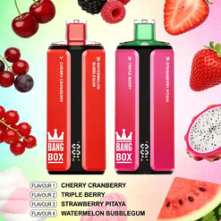Two colorful vape devices labeled Bang Box stand side by side, surrounded by assorted berries and tropical fruits on a bright gradient background.