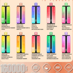 Assorted 10-flavor Bang Box vape pods in a grid, each color-coded with fruit flavor labels; includes various lemon, mango, strawberry, grape, and watermelon options.