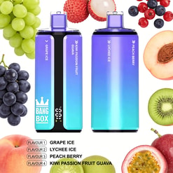 Two gradient blue vape pods with flavor labels, surrounded by assorted fruits (grapes, lychee, berries, peach, kiwi, melon).