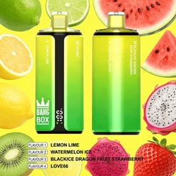 Two tall, gradient-green and yellow vape devices with flavor labels, surrounded by assorted colorful fruits (lemon, lime, watermelon, dragon fruit, dragon fruit slice) on a bright yellow background.