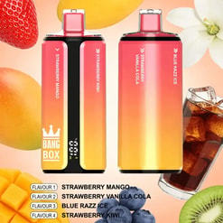 Two colorful gradient vape devices stand side by side against a fruity background with strawberries, mango, peaches, kiwi, and a glass of iced drink.