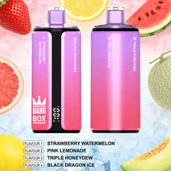 Two pink-to-purple vape pods with flavor labels, surrounded by colorful fruit slices (strawberry, watermelon, lemon, grapefruit, melon); flavor list shown at bottom.