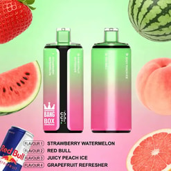 Two gradient-tinted vape devices in pink and black, surrounded by colorful fruits (strawberry, watermelon, peach, grapefruit) on a pastel background, with flavor label list at bottom.