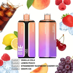 Bright gradient vape devices with flavor labels, surrounded by fruits (lemon, peach, berries, grapes, strawberry) and ice cubes; text lists flavors Vanilla Cola, Lemon Peach, Strawberry Raspberry Cherry Ice, Grape Ice.