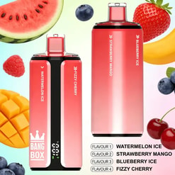 Two red cylindrical bottles with gradient pink tops beside assorted fruits (watermelon, strawberry, mango, berries) on a colorful background.