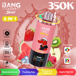 Bold pink bottle of Bang energy drink with watermelon design, surrounded by sliced fruits (strawberry, kiwi, watermelon) and colorful splash background; includes “8 IN 1” label and flavor names at bottom.