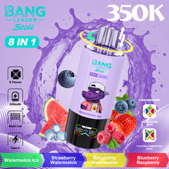 A purple-labeled bottle of Bang energy drink with a cartoon alligator mascot, splashing purple liquid, surrounded by watermelon, berries, and ice, against a purple background with flavor labels Watermelon Ice, Strawberry Watermelon, Raspberry Watermelon, and Blueberry Raspberry.