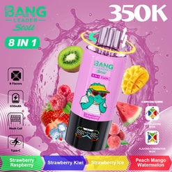 Bright pink bottle of Bang energy drink with strawberry raspberry flavor, centered over fruit slices (kiwi, mango, strawberry, raspberry, watermelon) and splash background; shows 8 in 1 and 350K text.