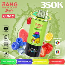 Bang Leader Stoll 8 in 1 350K energy drink can with blue razz ice design, surrounded by strawberries, lemons, watermelon, blueberries; lime green background splash and fruit accents
