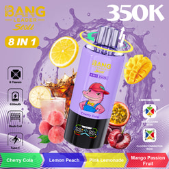 Bang Leader Stile 8 in 1 Chiller Bottle with Cherry Cola flavor, purple liquid splash backdrop, fruits (lemon, mango, peach, berries) and a central bottle with cartoon shark mascot and colorful cap, plus flavor icons and 350K text.