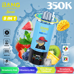 Strawberry Kiwi flavor bottle with a cartoon fish logo, surrounded by fruit slices (watermelon, mango, kiwi, strawberry), blue splash background, 8 in 1 label, and 350K text in top right.