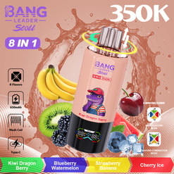 A pink vape device labeled Bang Leader Stik 8 in 1 sits tilted with a splash background; surrounding are bananas, kiwi, berries, and cherries, plus flavor labels and icons.
