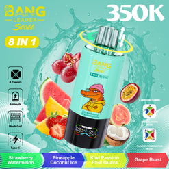 Bright turquoise background featuring a tilted Bang energy drink can with a yellow ring around the cap, surrounded by slices of strawberry, watermelon, pineapple, kiwi, passion fruit, and coconut. Includes bold white 