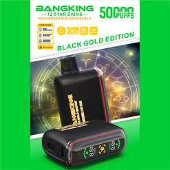 Promotional graphic for Bangking 12 rechargeable sign device, Black Gold Edition, 5000 puffs, featuring a vape-like pod